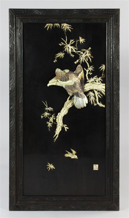 A Japanese mother of pearl, bone and lacquer panel, late 19th / early 20th century, overall 122 x 68.5cm